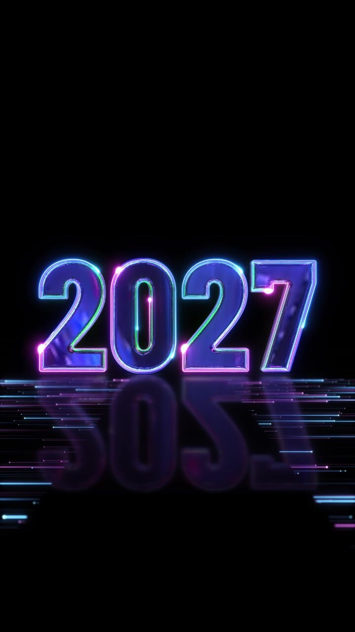 Numeri futuristici 2027 brillano al neon su una superficie nera riflettente con scie di luce digitale per il nuovo anno