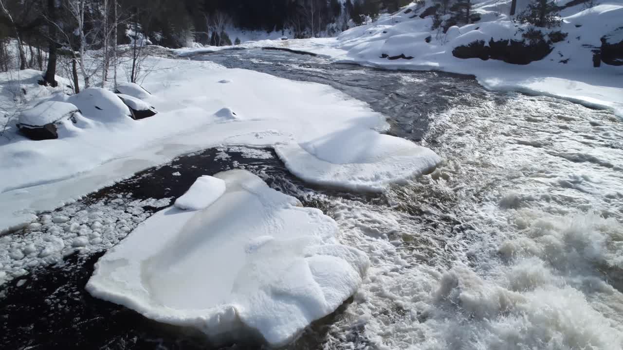 Winter Aerial Tilt up from Onaping Falls Rapids to View over Falls