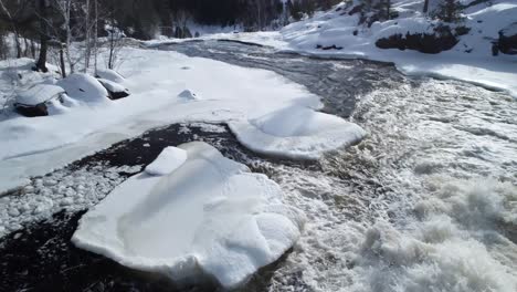 winter aerial tilt up from onaping falls rapids to view over falls