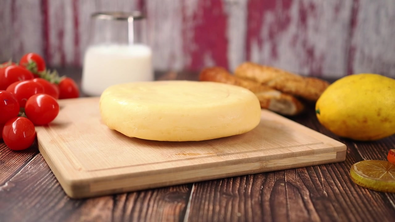 Forma di formaggio rotonda su tagliere di legno con ingredienti freschi