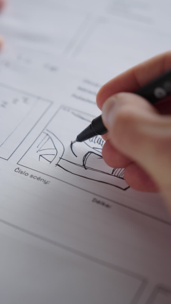 primer plano vertical del dibujo del artista en una hoja de storyboard blanca, checa