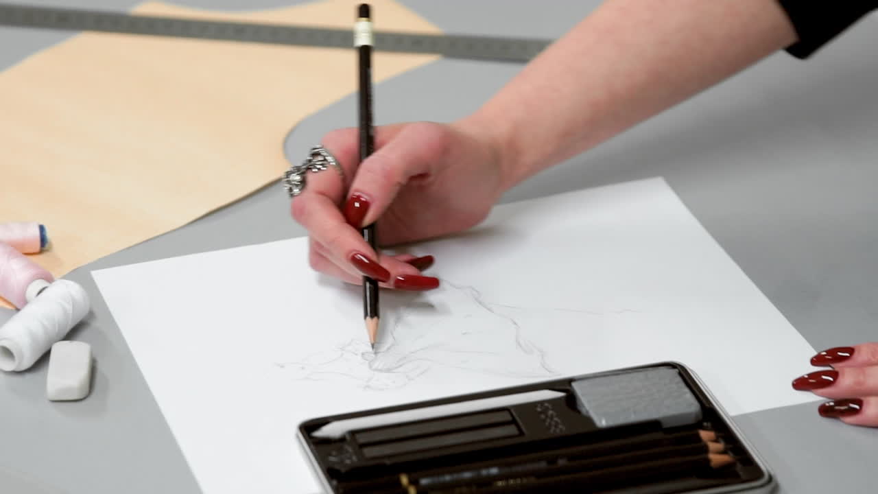 Designer drawing sketches for clothes. Hipster designer working from home, sketching a fashion project. Female artist's hand sketching with a pencil on a light day. Closeup.