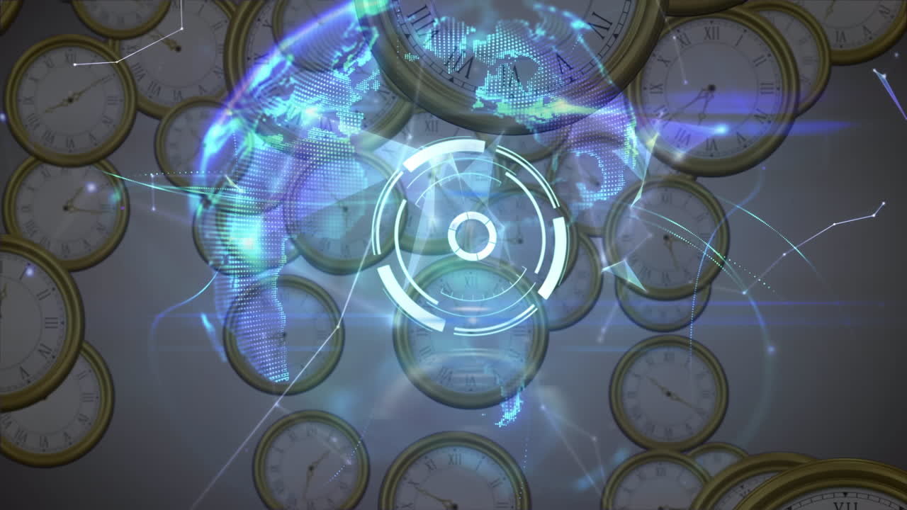 지구의 애니메이션, 범위 스캔 및 이동 시계에 대한 연결 네트워크