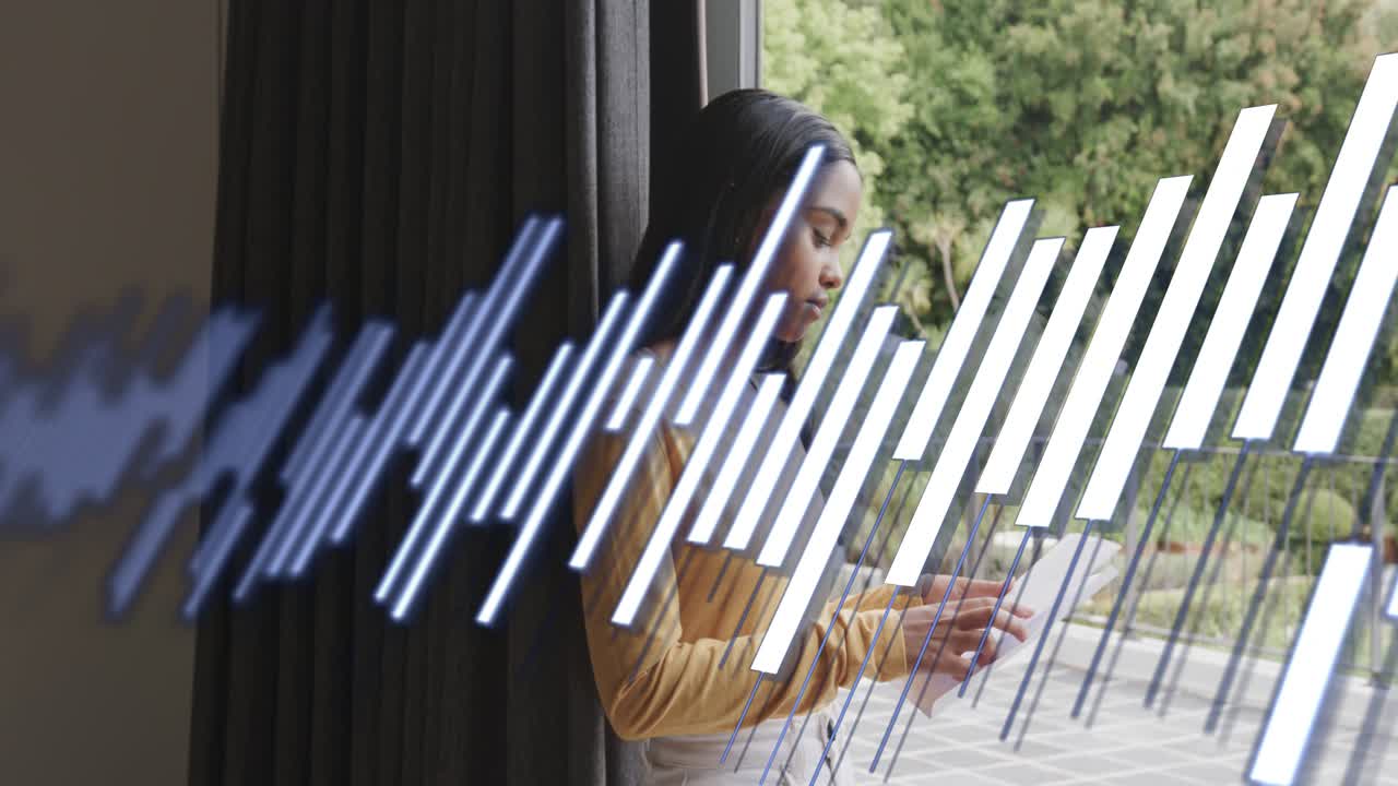 Woman at glass window tapping smartphone, generating soundwave sweeping across frame for tech demo