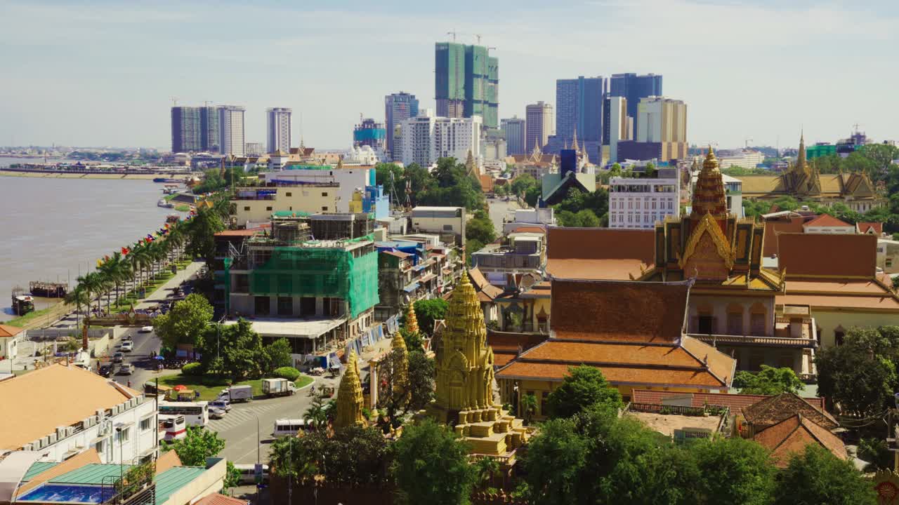 Aerial View of Skyscrapers in Downtown Phnom Penh City and Mekong River