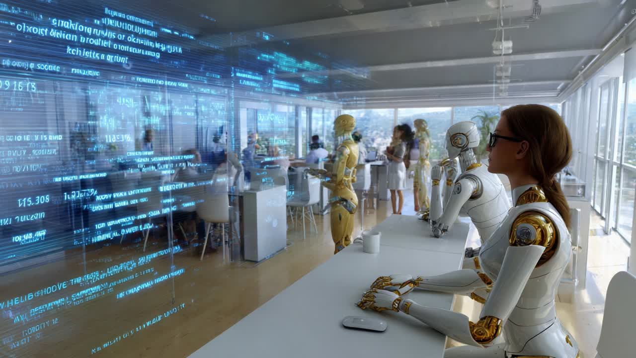 A futuristic workspace featuring humanoid robots engaging with advanced digital interfaces, displaying complex data streams while interacting in a modern, tech-savvy environment