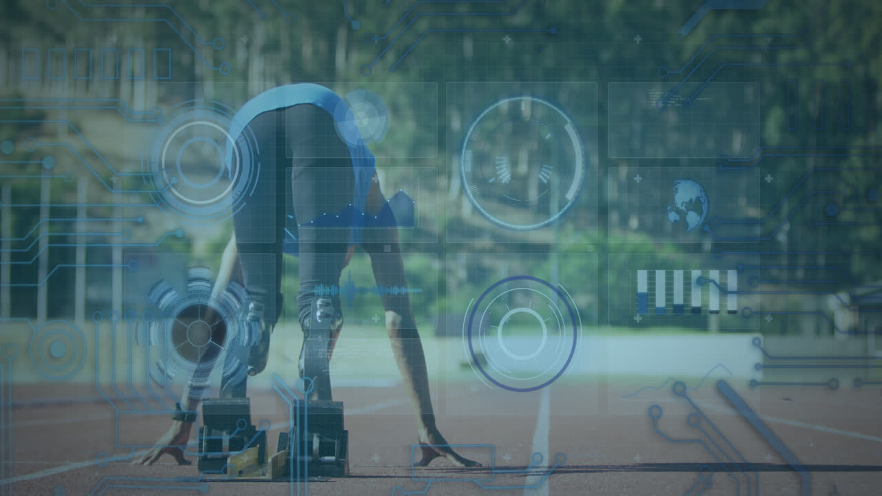 animación del círculo de procesamiento y pantalla digital sobre hombre afroamericano con cuchilla en marcha