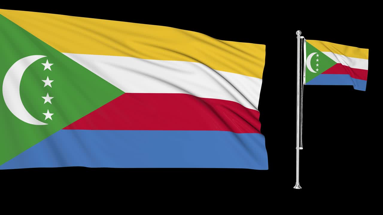 pantalla verde hiper realista bucle de las comoras dos banderas ondeando en el viento asta de la bandera comoriana revoloteando con textura de tela muy detallada animación de alta resolución clave de croma 3d