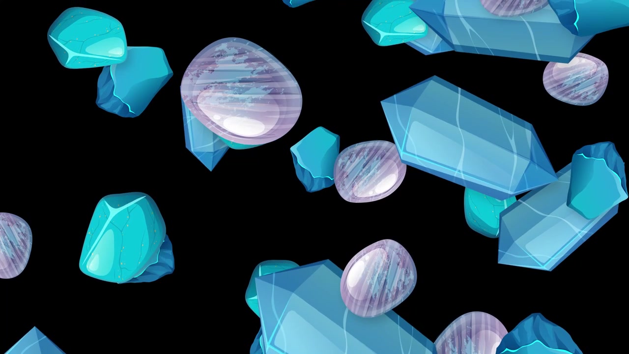 Stylized blue crystals and smooth purple gemstones fall vertically against a solid black background.