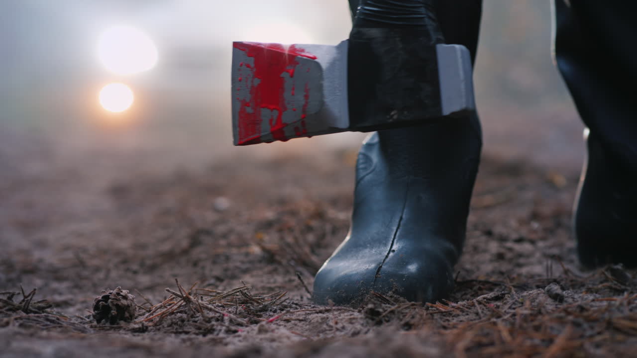 A Murderer With A Bloody Ax On A Forest Road Stands In The Light Of Car Headlights Creepy Crime Scen