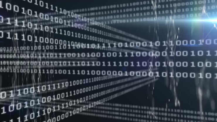 Animation of binary system data processing over black background