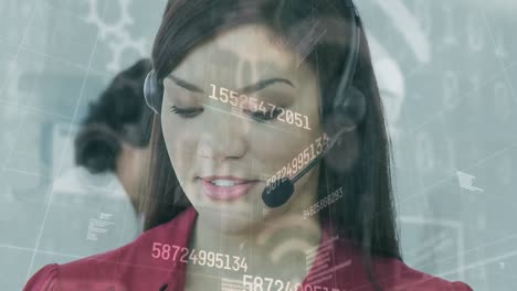Animation-of-network-of-convection-over-businesswoman-using-phone-headsets