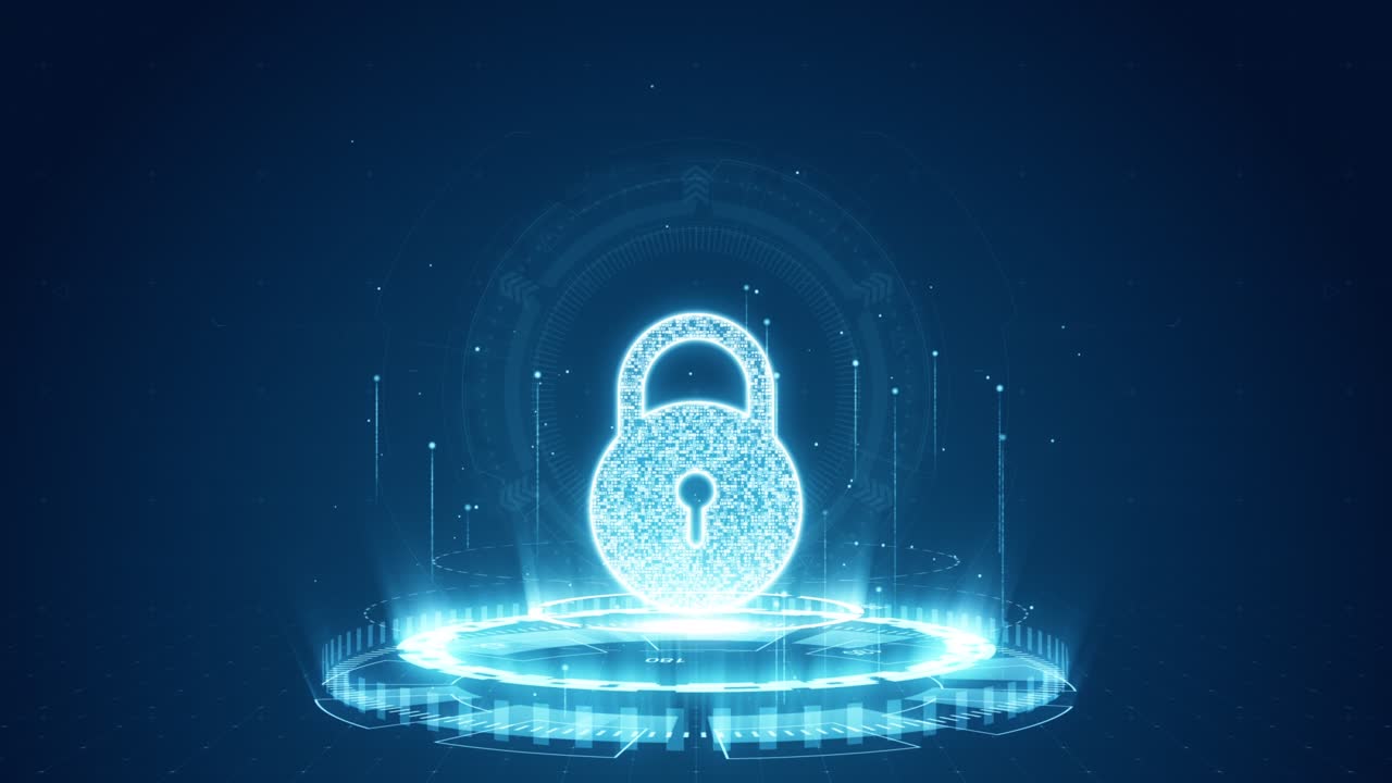 Motion graphic of Blue security key logo with digital futuristic technology circle rotation and levitation particle on abstract background