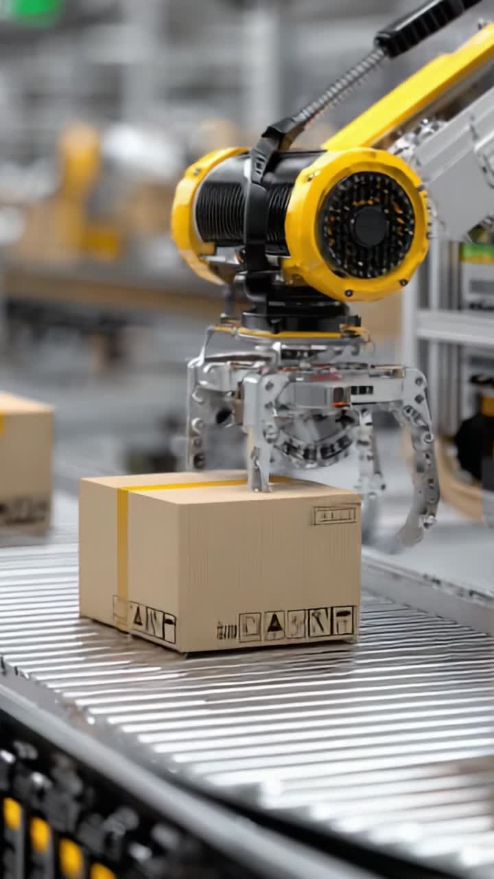 Automated Robotic Arm Sorting Packages on a Conveyor Belt in a High-Tech Warehouse Environment, Enhancing Efficiency and Streamlining Logistics Operations