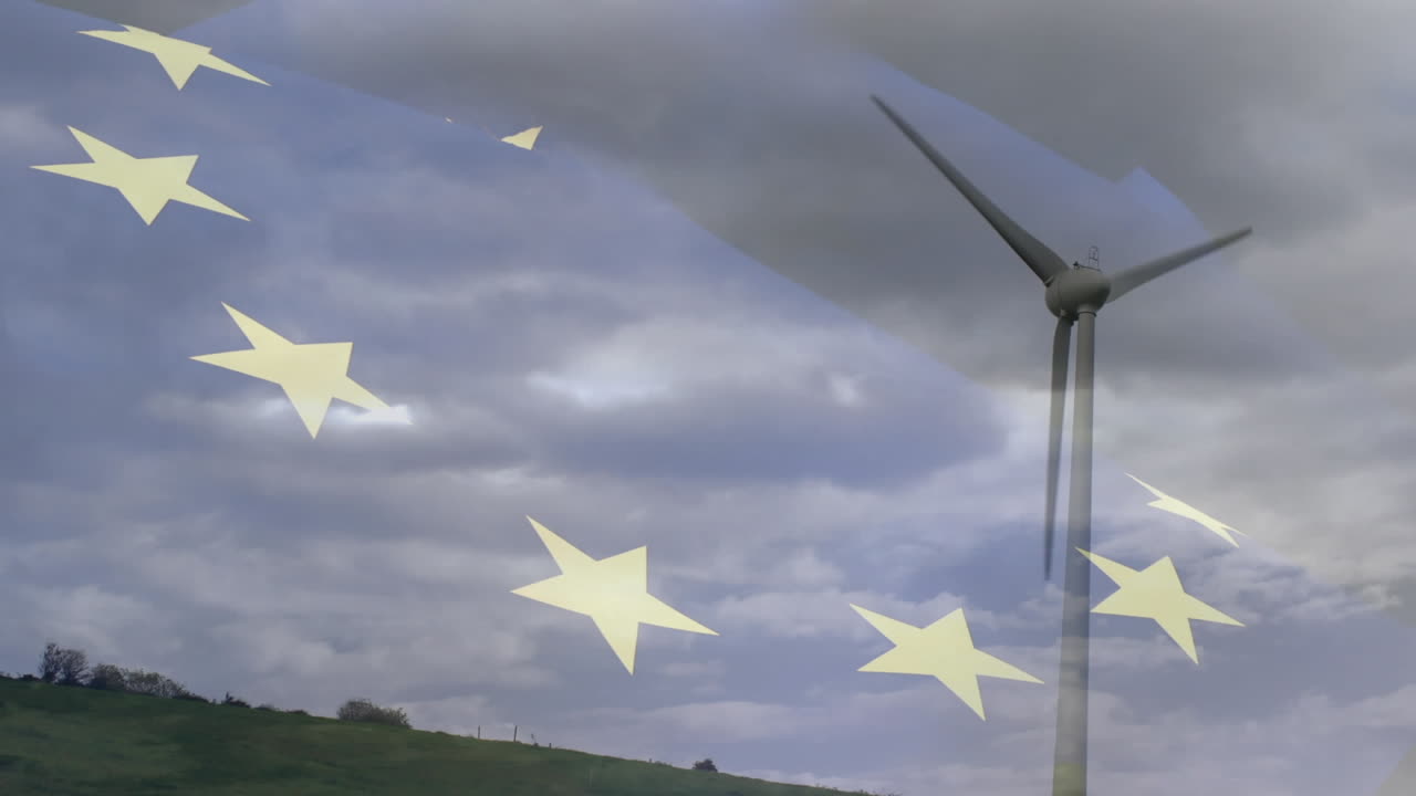 Animazione di bandiera dell'UE e fulmini su turbina eolica