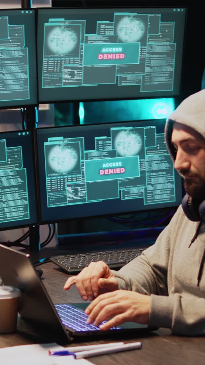 Vertikal video: Mandlig hacker-tyv bryder igennem cybersikkerhedsserver