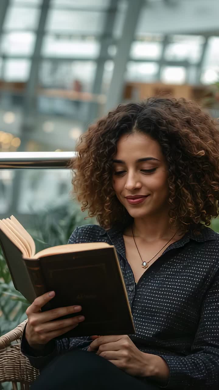 Vidéo verticale : une femme portant un haut foncé lit un livre en souriant, suivant l’histoire du regard dans un salon
