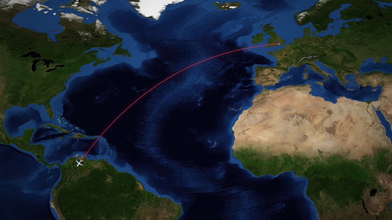 A digital map tracks a commercial airplane flying from London to Bogota across the Atlantic
