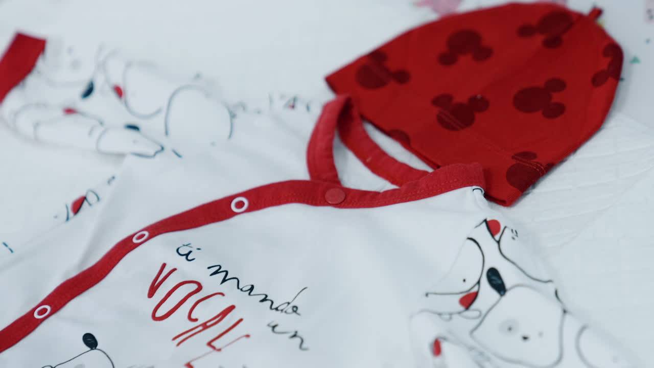 Red cap and white bodysuit with letters on the table. Pieces of clothes for a newborn child. Close up.