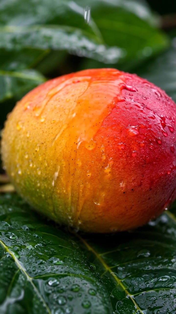 A água escorre por uma manga colorida e goteja sobre folhas largas e molhadas abaixo, destacando a pele lisa da fruta, a umidade fresca, a folhagem verde saturada e o ambiente natural com foco raso.