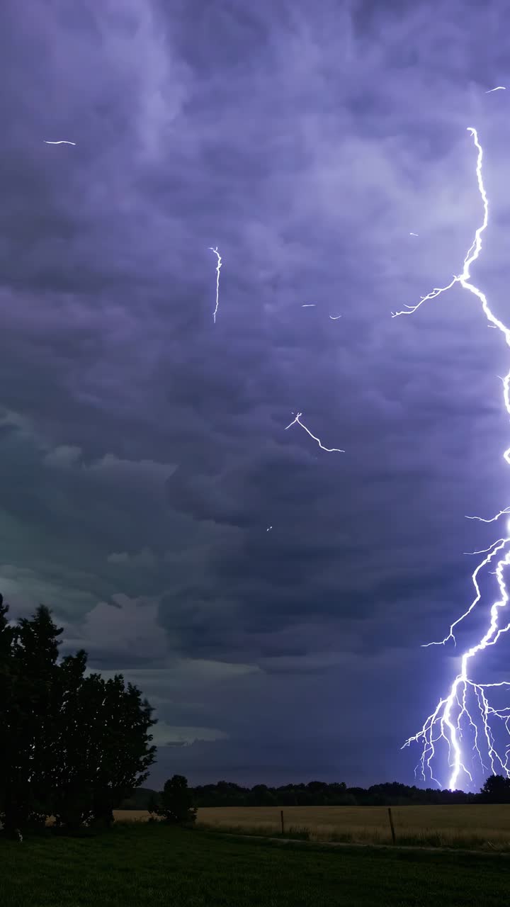 Dramatic video still of a lightning storm, captured from a low angle, highlighting intense bolts