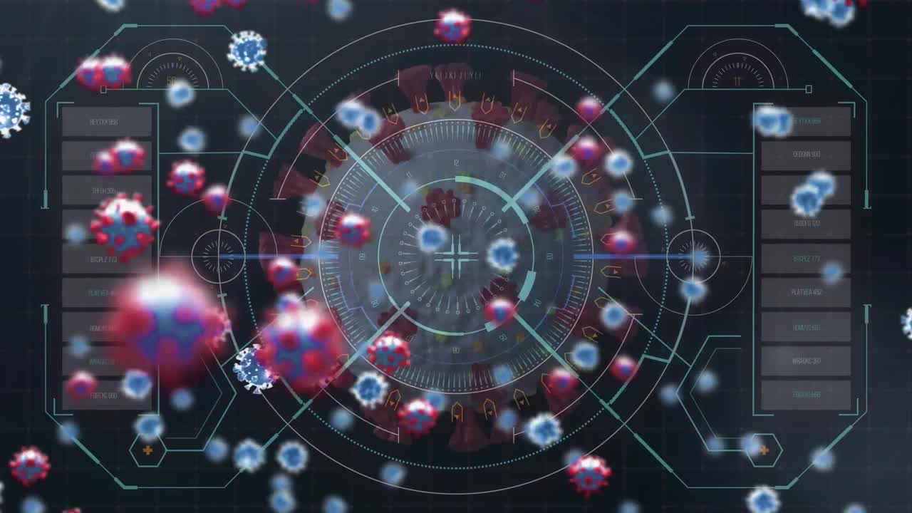 화면에서 분석된 코로나바이러스 코로나19 세포가 코로나19 세포에 퍼지는 매크로 코로나바이러스 코로나19 세포의 애니메이션