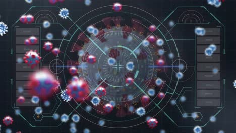 animación de un macro coronavirus células de covid-19 que se extienden sobre una célula de covid-19 analizada en una pantalla