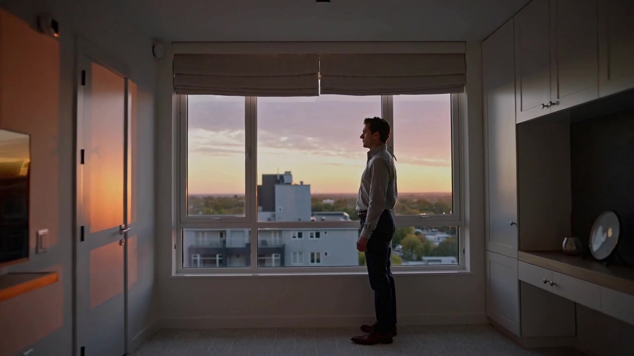 Sunset drawing man, standing and looking out large window in small studio, TV left, cabinets right