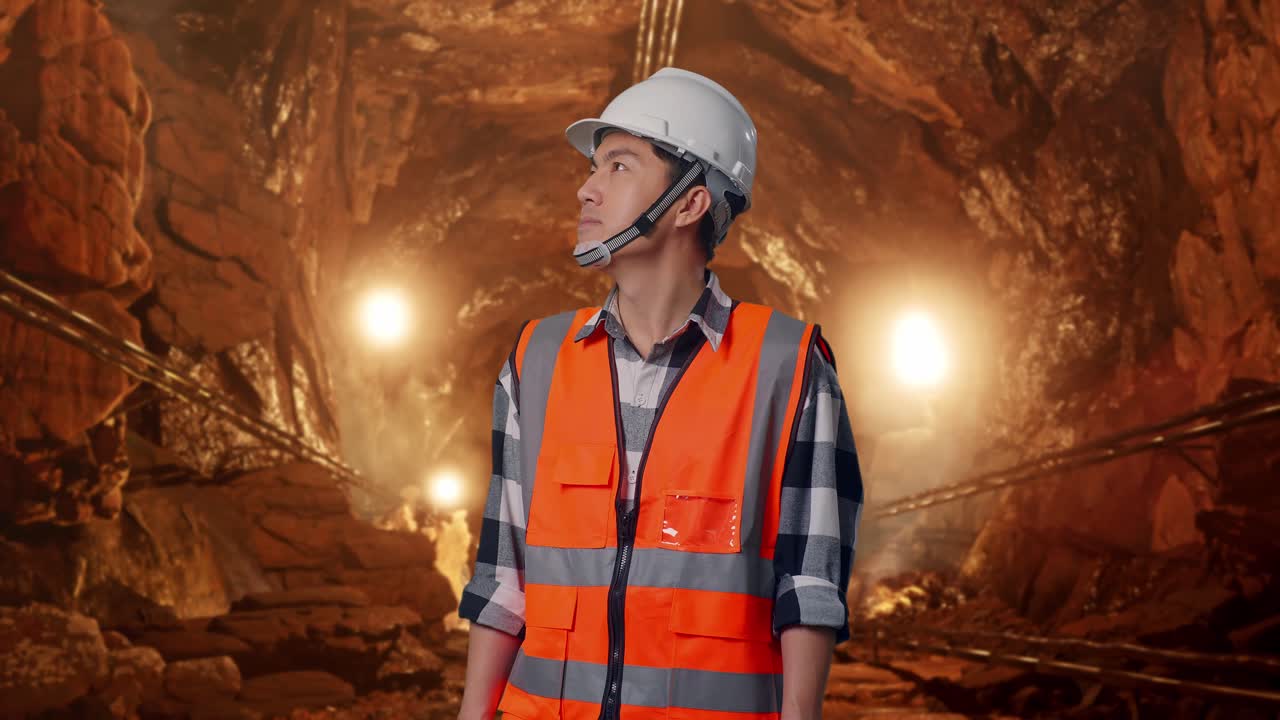 Asian Male Engineer With Safety Helmet Looking Around While Standing In Underground Mine Tunnel