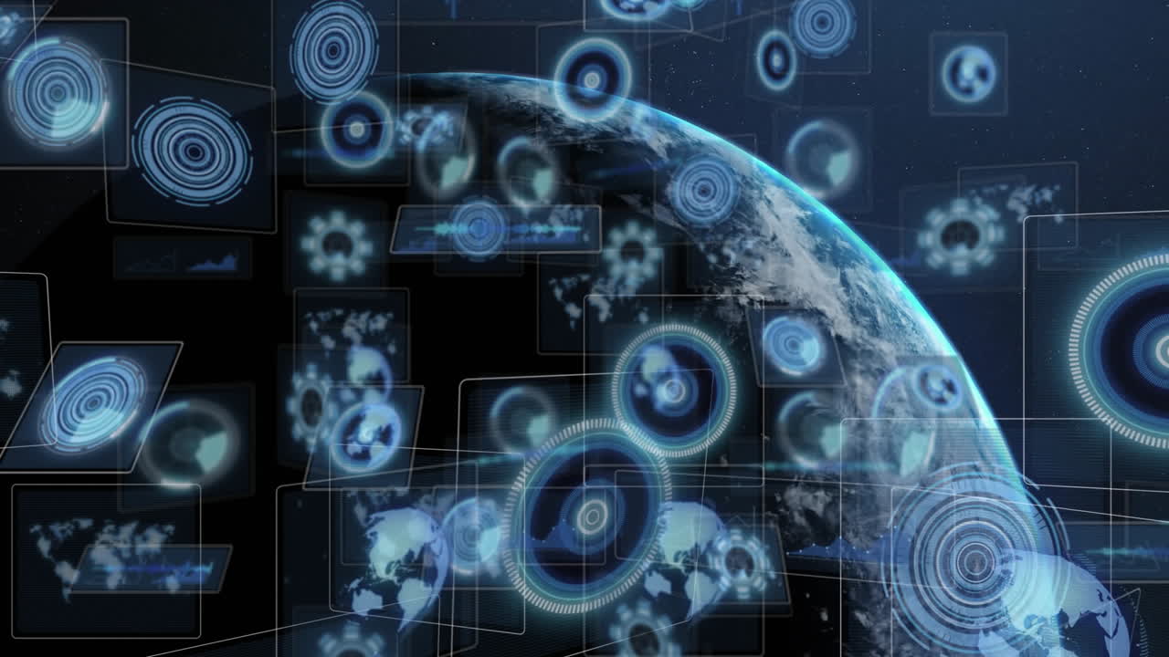 Animation of digital interface elements overlaying Earth, showing global connectivity