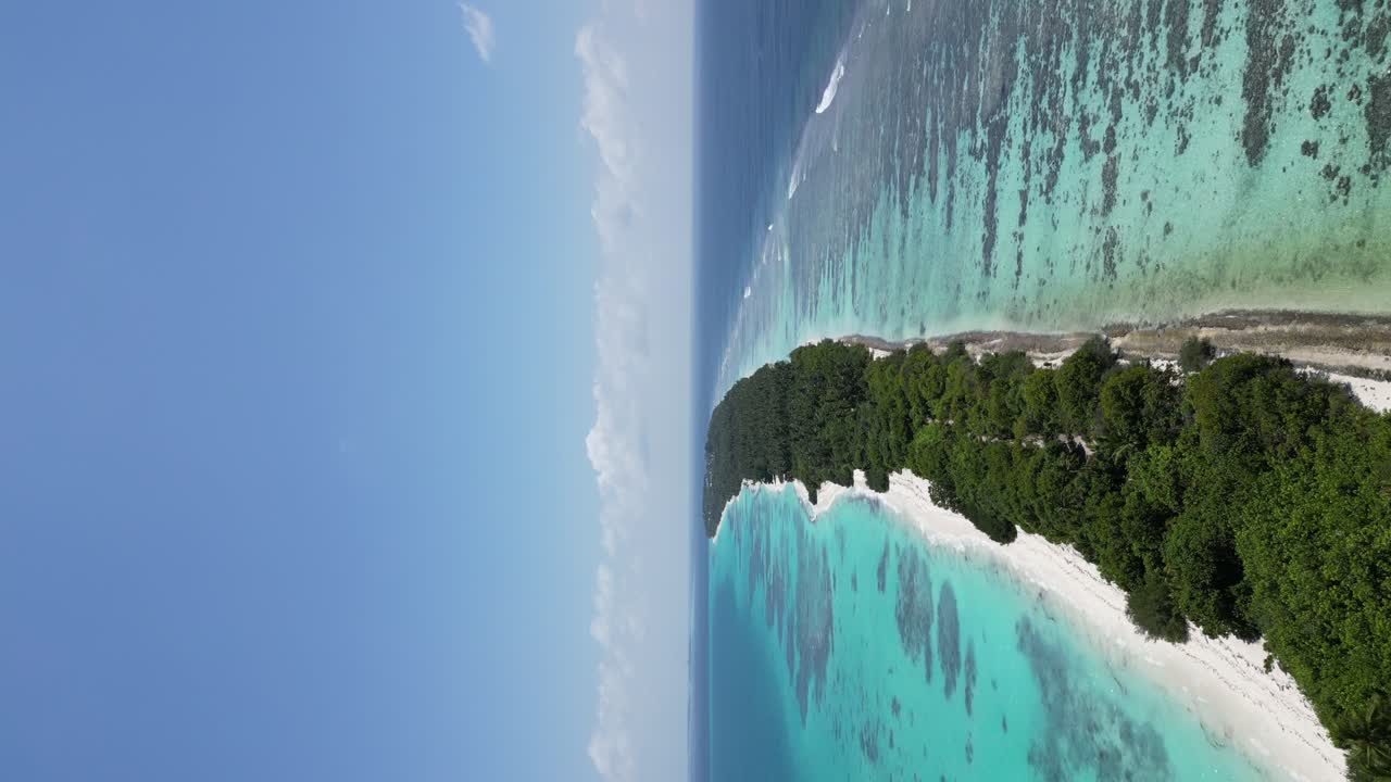 Ripresa aerea verticale sopra l'isola di Dhigurah, lunga spiaggia lussureggiante di sabbia bianca e acque tropicali turchesi e cristalline, Maldive
