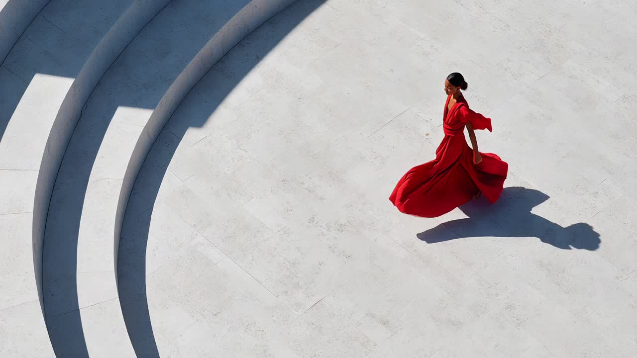 A woman in a flowing red dress gracefully walks along elegant white steps, casting a striking shadow, capturing a moment of beauty and poise against a minimalistic backdrop, showcasing fashion and movement