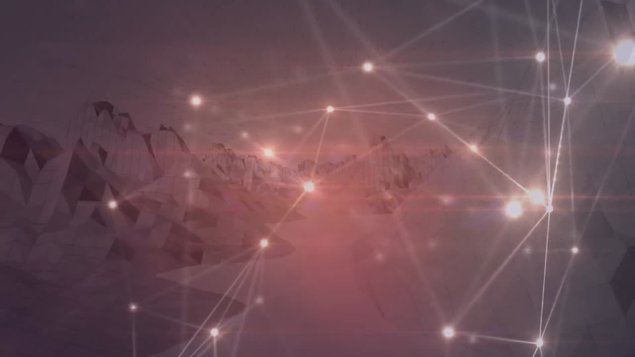 animación de redes de conexiones con puntos brillantes sobre montañas giratorias