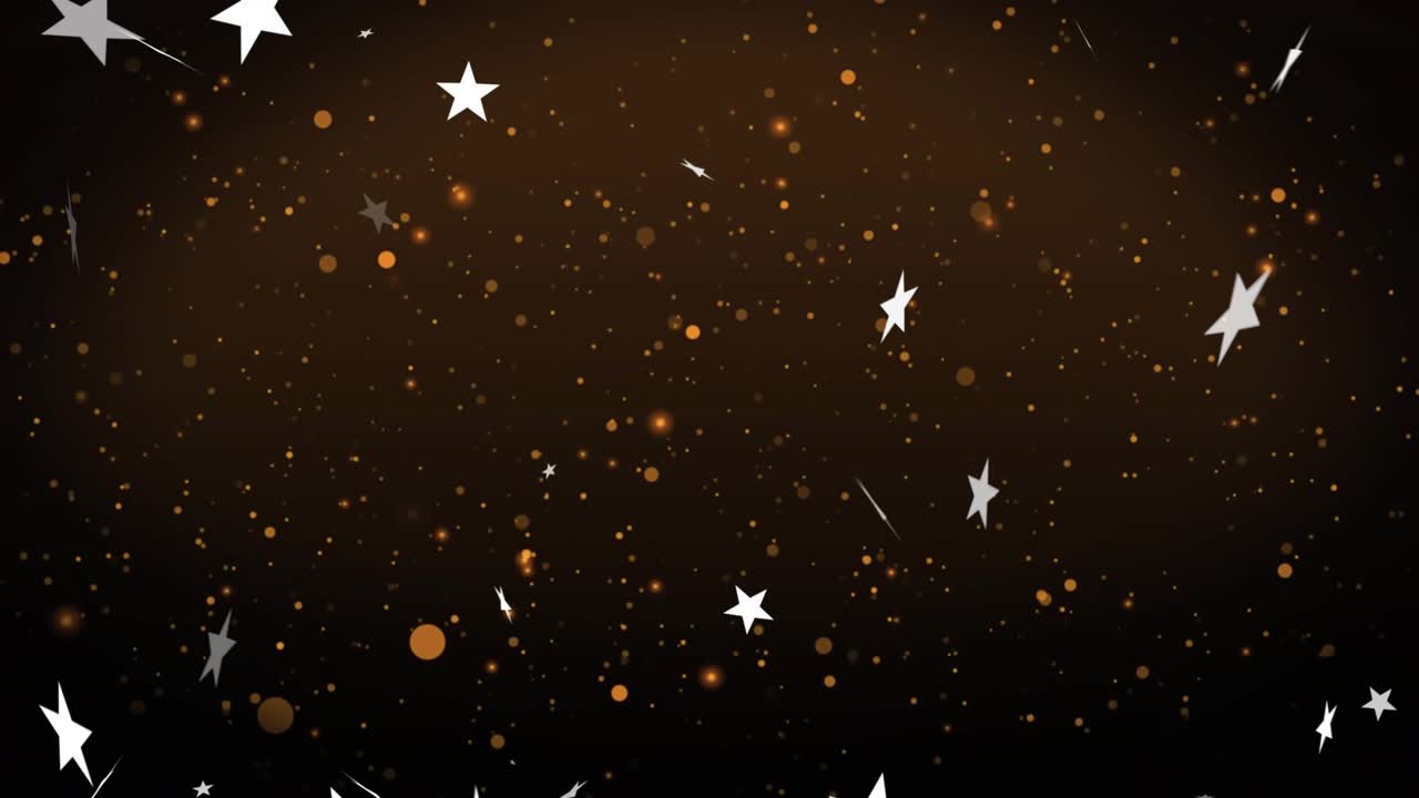 Spawning stars drifting from top, clustering, dispersing, orange particles adding ambient sparkle