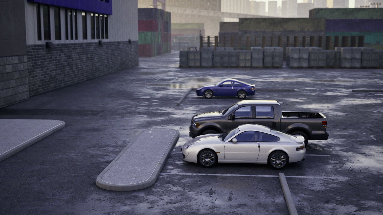 Sedans parked on wet surface with city reflections and moody lighting