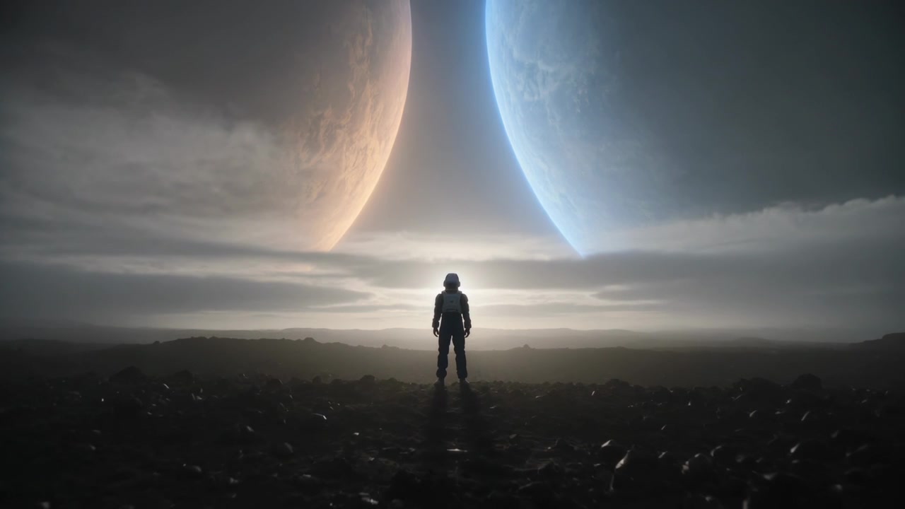 Stående ensom astronaut observerer horisonten på en fremmed slette, med en lysende glippe som definerer hjelmen og ryggsekken.