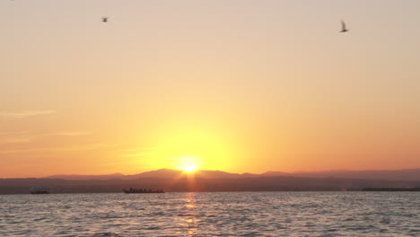 sunset over the water with boats and people