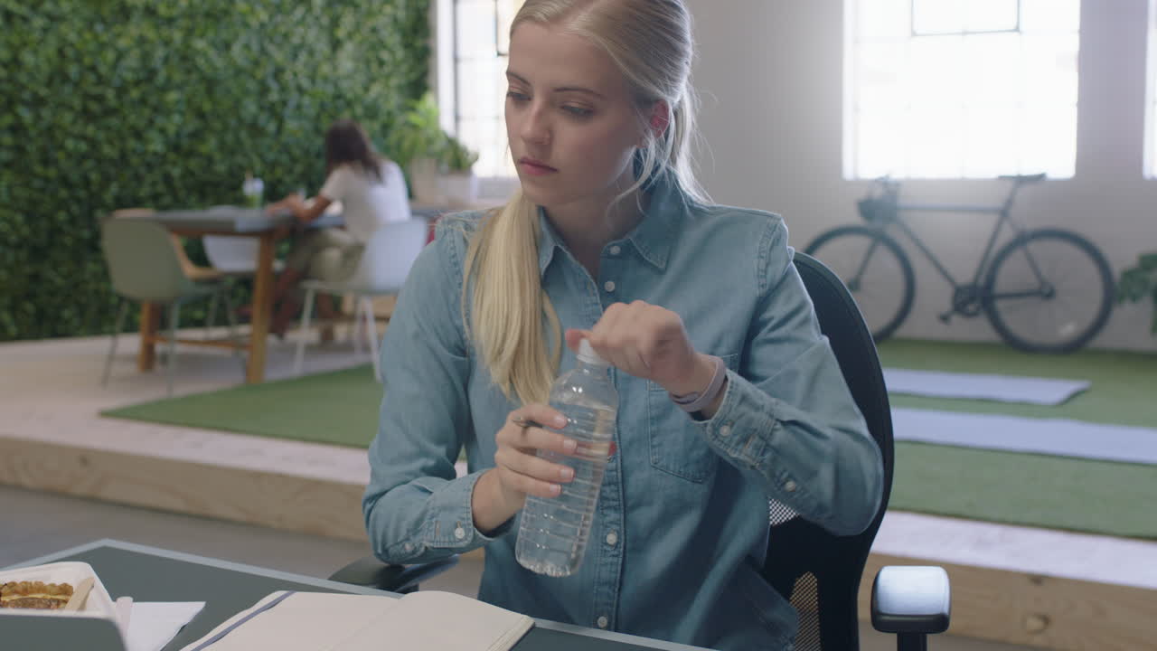 joven mujer de negocios trabajando en un proyecto creativo escribiendo notas bebiendo agua en la oficina navegando en línea usando una computadora portátil