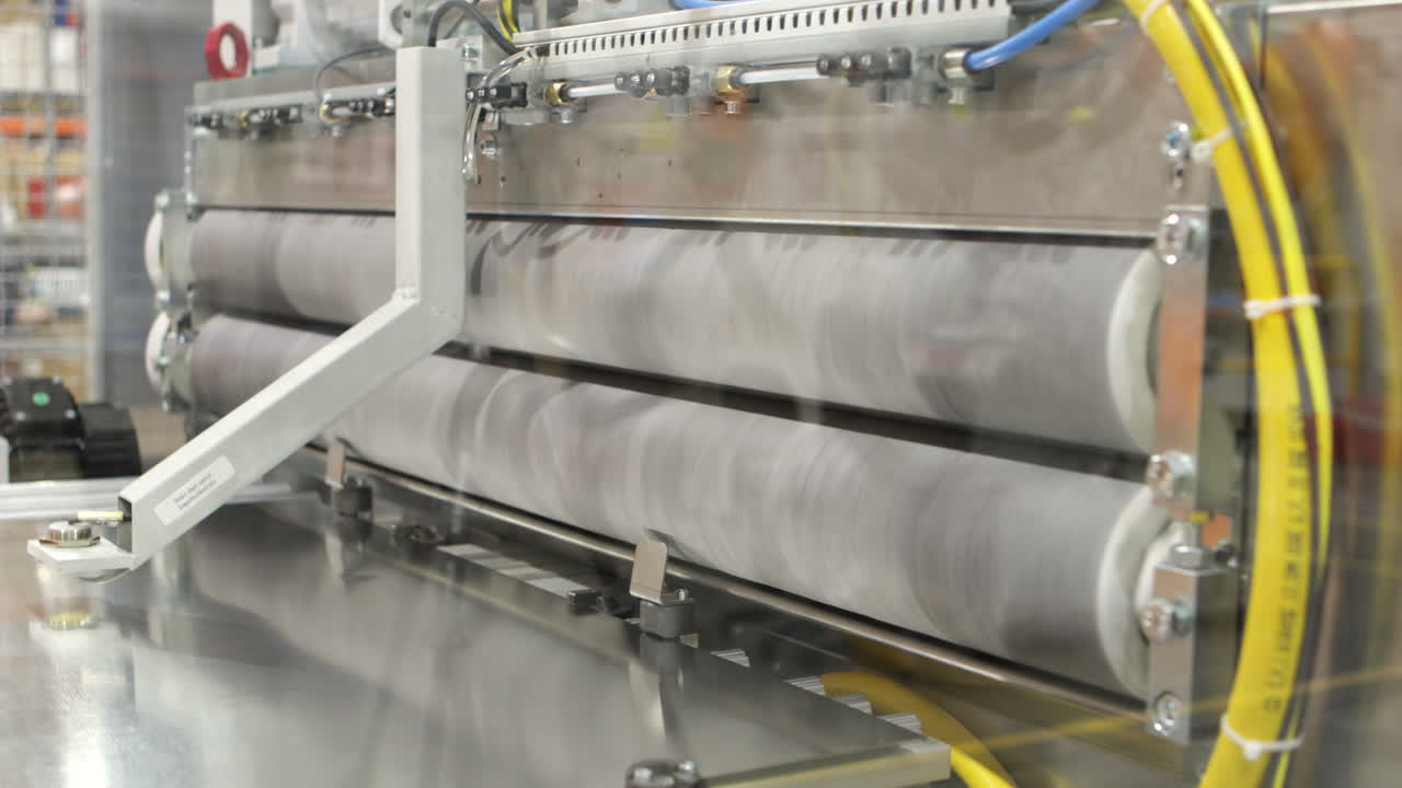 금속 판을 작업하는 산업 기계, 가까운 시각