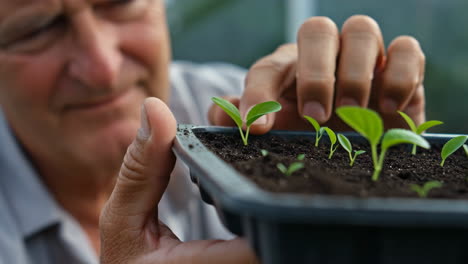 person tending to young plant seedlings in a tray