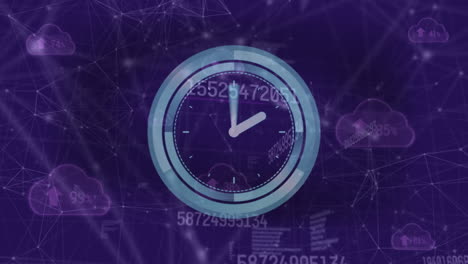 animación del reloj sobre el procesamiento de datos en fondo púrpura