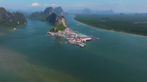 aerial reveals muslim village of koh panyee in phang nga bay, thailand