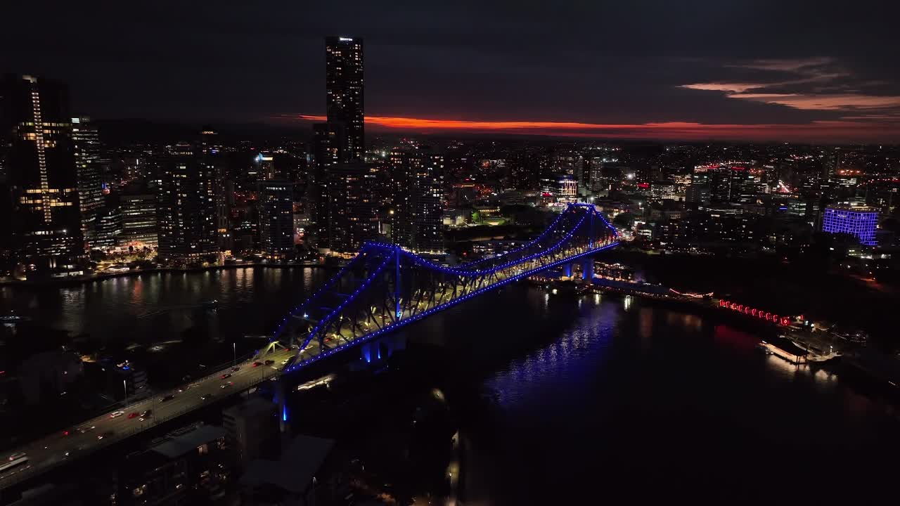 Establishing drone shot of Brisbane City's Story Bridge