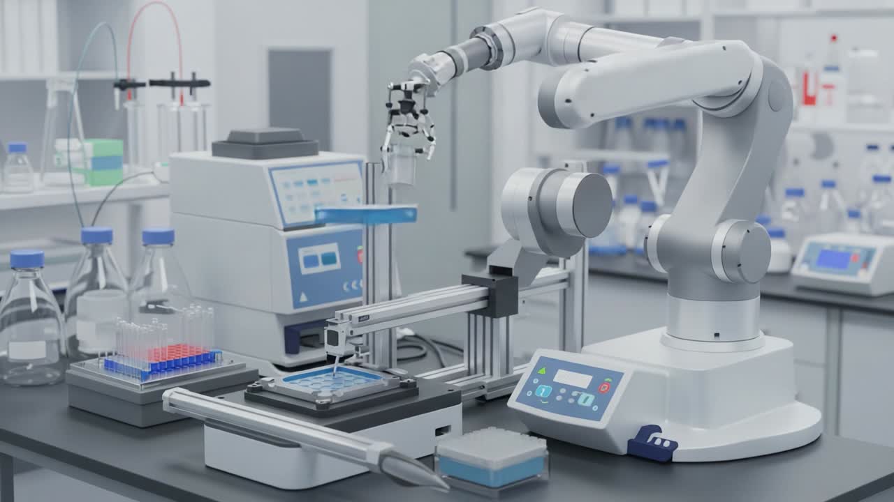Advanced Robotic Laboratory Setup Featuring Precision Automation for Scientific Experiments and Sample Analysis in a Modern Research Environment