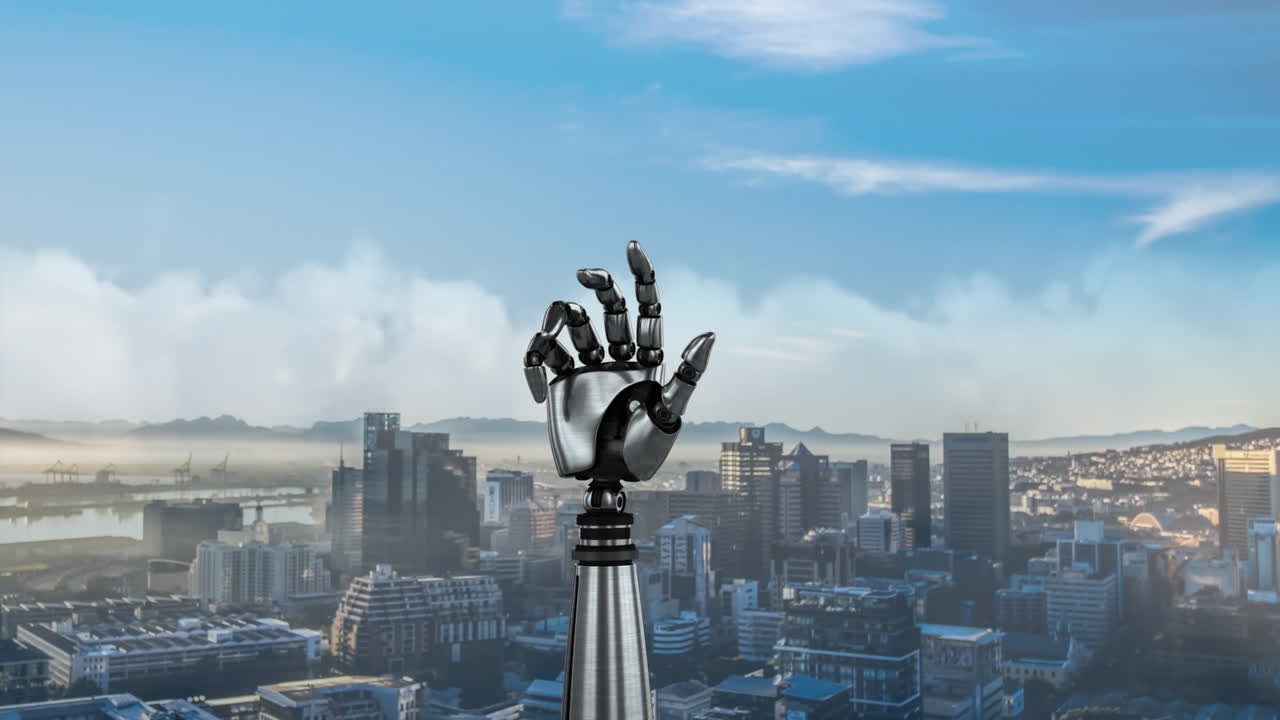 animación de la mano del robot en un fondo de la ciudad