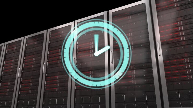 Animation of clock moving fast over computer servers in tech room
