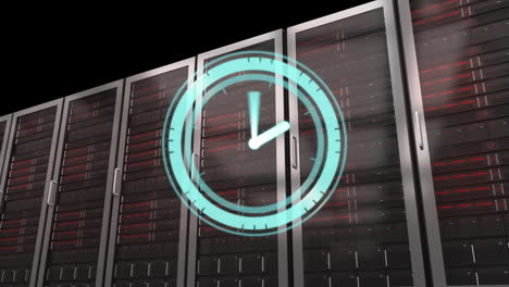 animation of clock moving fast over computer servers in tech room