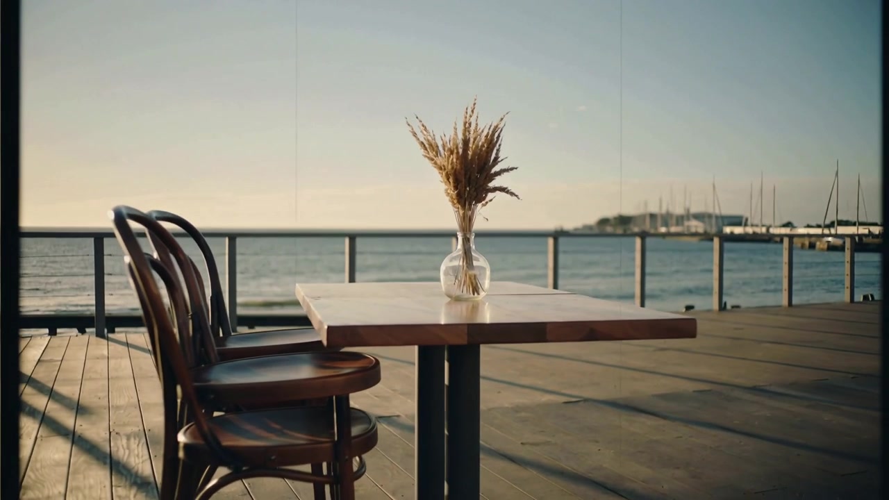 Panning camera moving closer to wooden table on seaside deck, framing glass vase with dried grasses