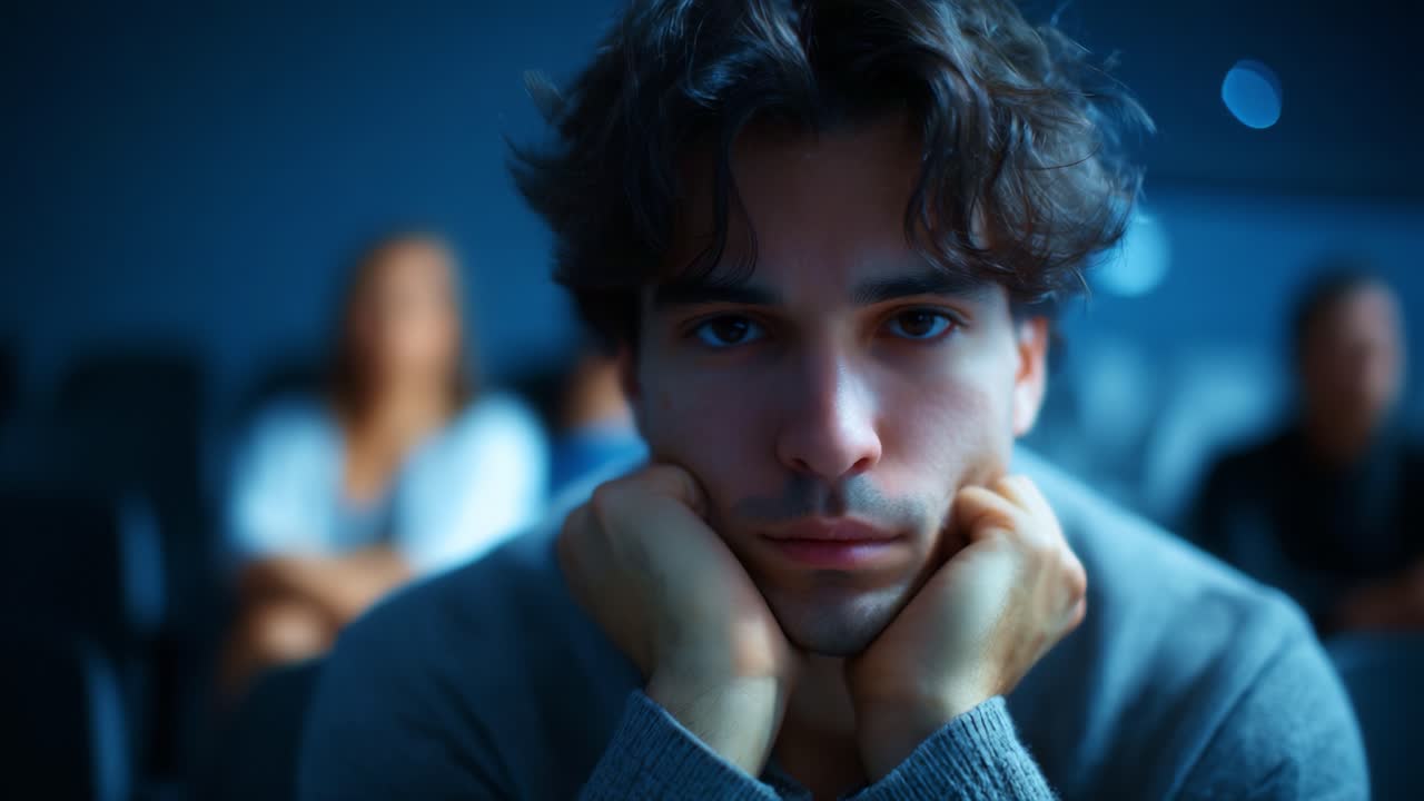 A contemplative young man with expressive eyes, resting his chin on his hands, reflecting deeply in a dimly lit auditorium with blurred figures behind him