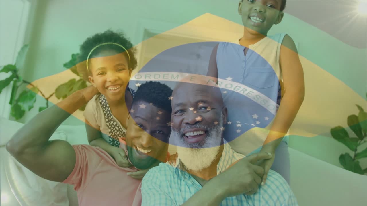 Família aprendendo sobre cultura na sala de estar, com uma sobreposição suave da bandeira brasileira para fins educativos.
